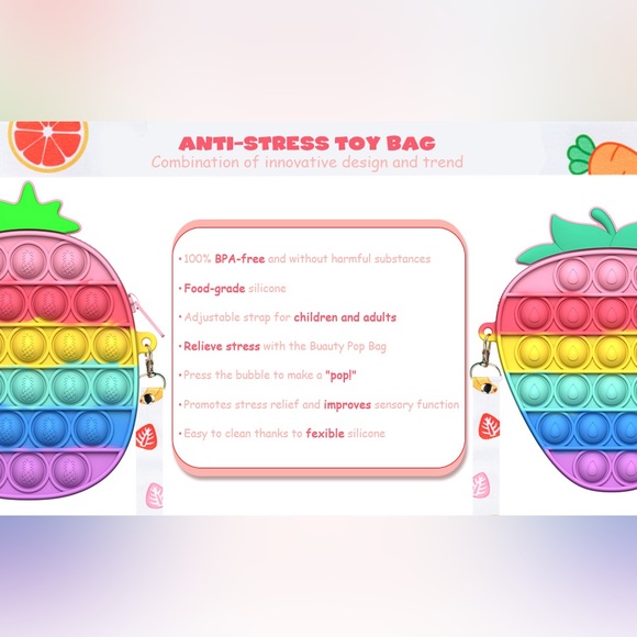 Silicone Rainbow Strawberry Fruit Popper Pop It Fidget Crossbody Bag Purse - Picture 13 of 15